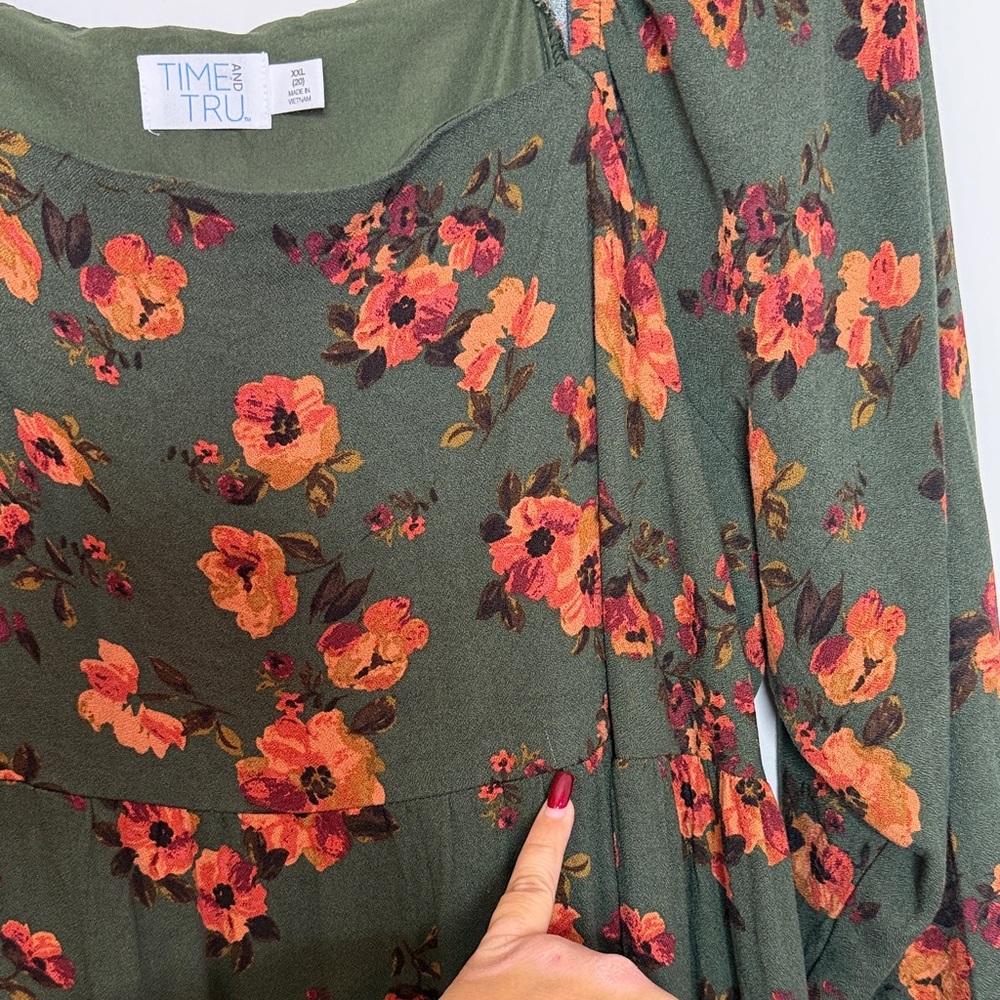 Time and Tru Green Floral Square Neck Midi Dress With Pockets Size XXL - Picture 8 of 16